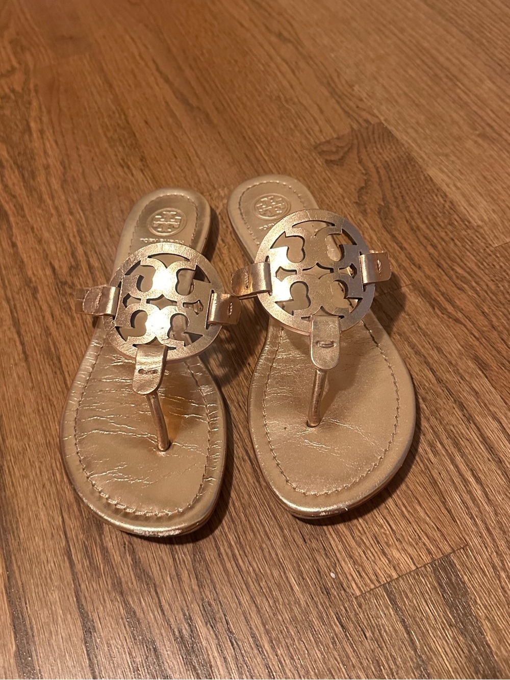 Tory Burch Rose Gold Logo Thong Sandals